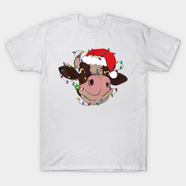 Cow Reindeer Hat Santa Christmas Lights Cow Christmas T-Shirt by Mitsue Kersting